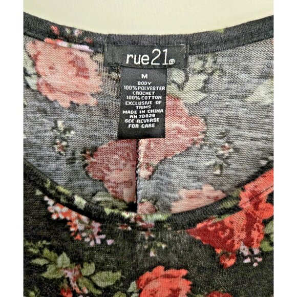 Rue 21 Floral Pullover Women's M Semi Sheer Black Long Sleeve Crochet Trim - Picture 4 of 5